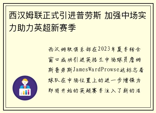 西汉姆联正式引进普劳斯 加强中场实力助力英超新赛季
